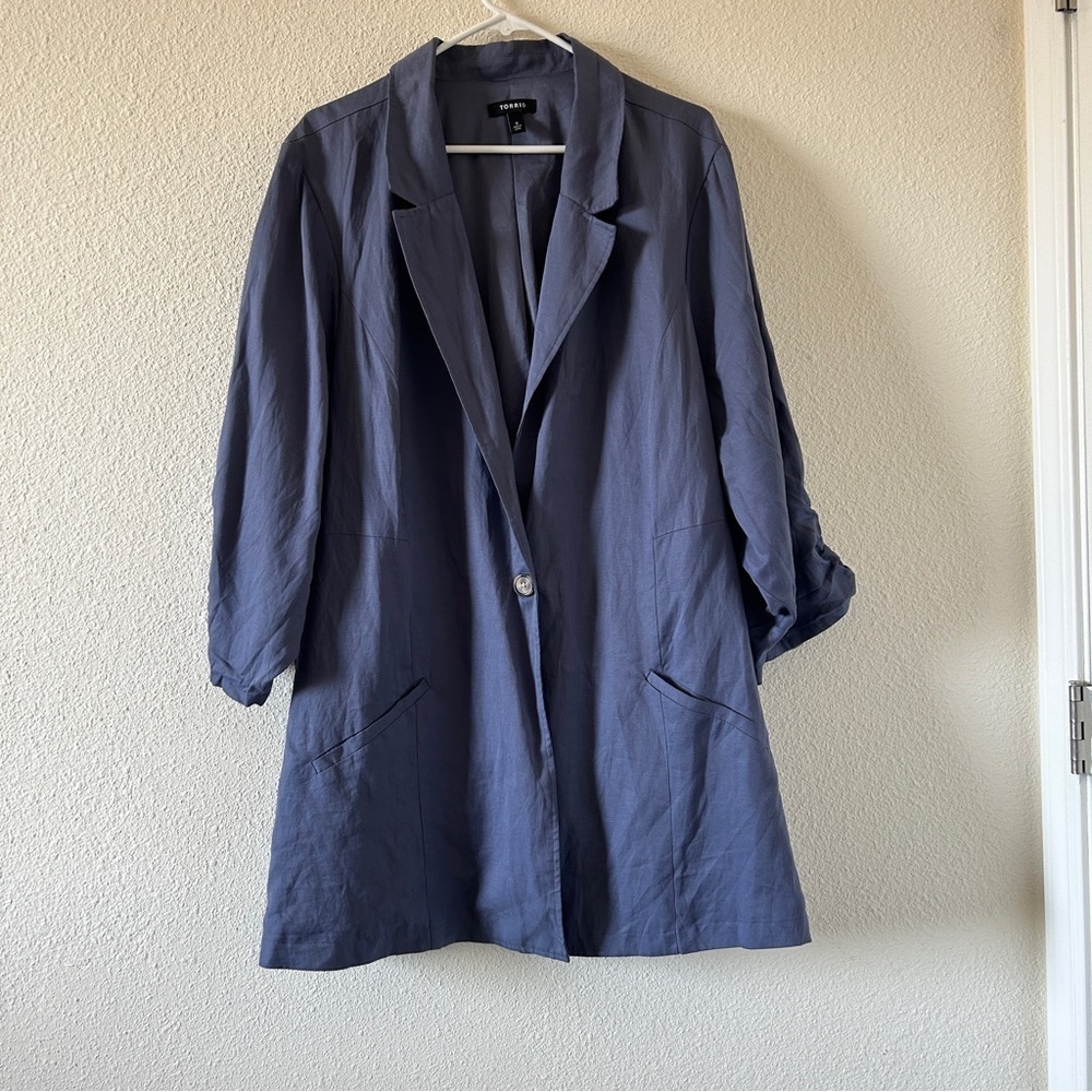 TORRID Women’s Linen Lyocell Blend blazer Sz 6 Blue 3/4 Sleeve Dressy Church